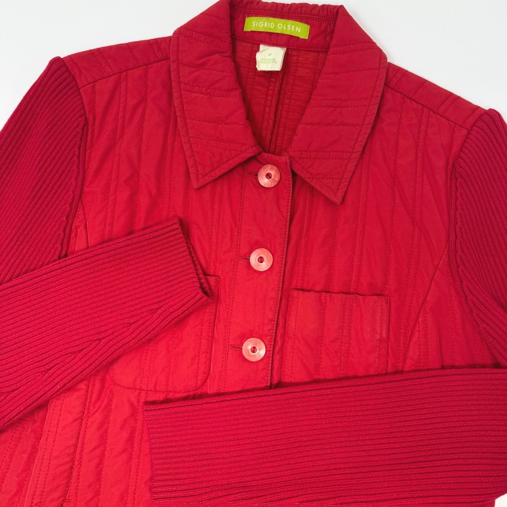 Sigrid Olsen Women's‎ Red Quilted Mixed Media Ribbed Button Front Jacket Medium